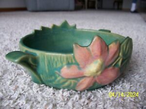 Beautiful Original Old Roseville Pottery Clematis Two Handle Green Bowl #456-6