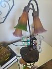 LUMIMAIRE Tiffany Style Lily Pad Lamp 3  Amber Art Glass Tulip Shades
