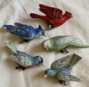 Japan Ceramic Bird Clip-On Ornament Lot of 5 Vintage Bisque Bluejay Cardinal