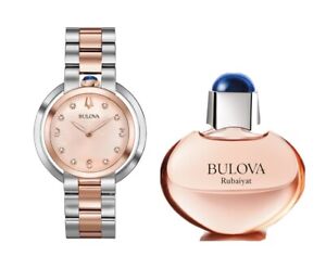 Bulova Quartz Women's Rubaiyat Sapphire Rose Gold Perfume Watch Set 35MM 98P174