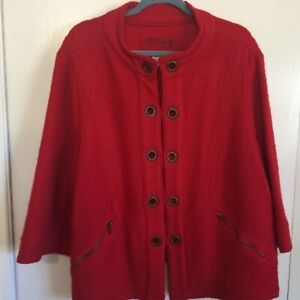 Vintage LAL100% Boiled Wool cardigan sweater jacket Size 1X Red Grommets Bk Belt