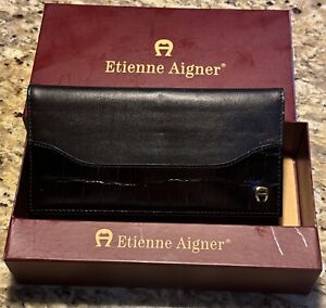 Etienne Aigner Black Leather Envelope Checkbook Card Coin Wallet Coin Purse Croc