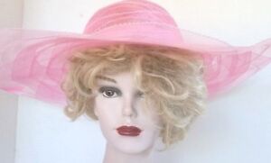 Large 6 inch Brim Pink Hat sheer with overlaping Sinamay circular fabric 22 inch