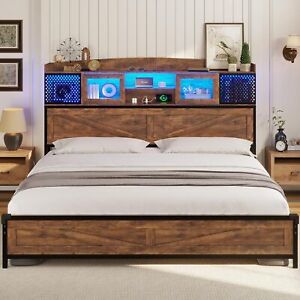 Fulll/Queen/King Size Bed Frame with LED Light & Charging Station Rustic Brown