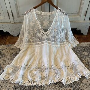 XL New White Lace Crochet Boho Folk Tunic Blouse Top Cover-Up Womens X-LARGE OS