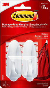 Damage Free Hanging Wall Hooks with Adhesive Strips, 2 White Hooks & 4  Strips