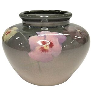 Vintage 1910s Weller Pottery Eocean Slip Painted Pansy Floral Squat Vase