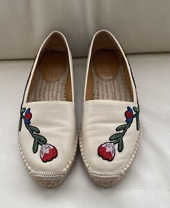 Gucci Woman Pilar Neutral Leather Floral Embroidered Espadrilles Flat Shoe  37