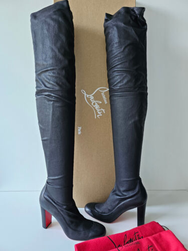 NIB Christian Louboutin Kiss Me Gena 85 OTK Over Knee Black Leather Boots 41