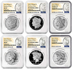2023 (MS70/PF70) 6-Coin Set $1 Morgan & Peace Silver Dollars FDOI NGC