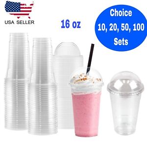16 oz Plastic Cups With Dome Lids Disposable Ice Cold Drink Party Cup