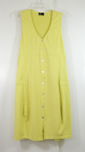 FENINI dress sleeveless lagenlook neon yellow 100% cotton pockets smocked XS