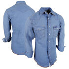 Mens Denim Shirt Blue Wash Cotton Western Snap Pocket Flaps Contrast Stitching