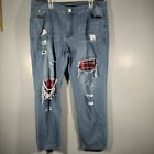 Size XXL Denim Jeans Distressed Red & Black Plaid Internal Patch  Rips Worn Fray