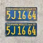 1939 California License Plate Pair Vintage 5J1664 YOM DMV Clear Ford Chevy Dodge