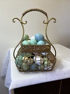 Vtg gold large metal basket, eggs included, beautiful basket with anything in it