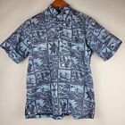 Reyn Spooner Popover Shirt Medium Classic Fit Blue Surfer Reverse Print Aloha