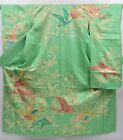 3913T06z930 Vintage Japanese Kimono Silk FURISODE Flying crane Light green