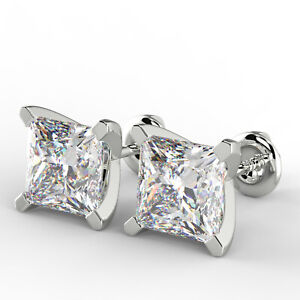 3.02 Ct Princess  VS1/D Diamond Stud Earrings 14K White Gold
