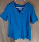 Quacker Factory Blue Beaded Short Sleeve V Neck Shirt Top Size L