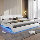 King Size Bed Frame with LED Light Platform Bed with Headboard Wave Curve Design