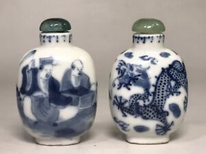 Antique Chinese Blue & White Porcelain Snuff Bottle Marked Chenghua Lot of 2