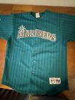 VTG 90s Seattle Mariners Teal Sewn Button Up Baseball Jersey Pinstripe Large