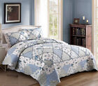 Blue Floral Patchwork Quilt Set, Full Queen Size, 3 Piece Bedding Set with 2 Pil