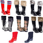 Women Rubber Rain Boots - Flat Mid-Calf Snow Wellies * Knit & Faux Fur Mock Cuff
