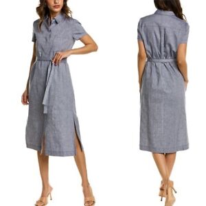 Theory Linen Blend Blue Short Sleeve Midi Shirt Dress S (4)