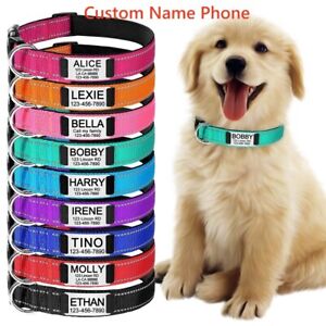 Reflective Nylon Dog Collar Custom Personalized Pet Name ID Tag Adjustable XS-XL
