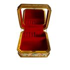 Gold Metal Jewelry Box Covered In Fabric w Red Interior & Mirror VTG