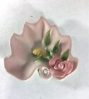 Vintage Patented Zanesville Pottery USA Leaf with Pink Flower Ring Dish