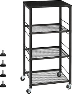 Black Rolling Cart 4 Tier Kitchen Storage Cart with Wood Board, Microwave Stand