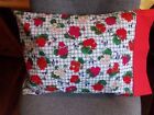 TRAVEL SIZE PILLOWCASE  RED FLORAL ON BLUE PLAID/ RED CUFF  14X20 #5341