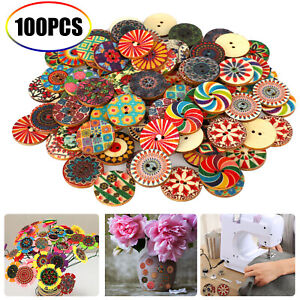 Lot of 100 Wooden Art Buttons 25mm 2 Hole Mixed Color Vintage DIY Sewing Crafts