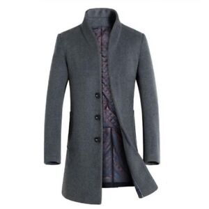 Winter Men Trench Coat Wool Blend Jacket Quilted Outwear Stand collar Overcoat L