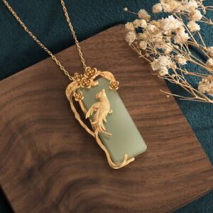 Jade Pendant Necklace Charm 18K Gold Plated Chain Phoenix Bird Dainty Gemstone