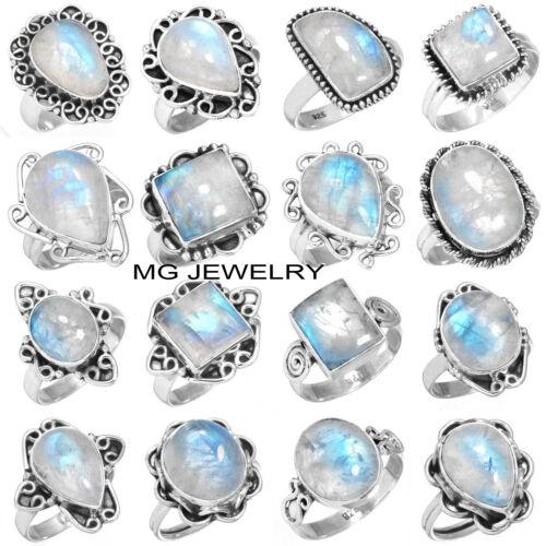 10Pcs Natural Rainbow Moonstone Rings Mix Design 925 Sterling Silver Overlay Lot
