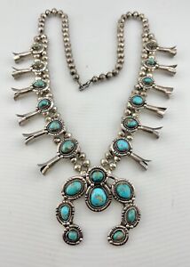 Vtg Navajo Sterling Silver Royston Turquoise Squash Blossom Necklace 148g -26.5