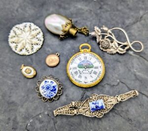 Vintage Antique Jewelry Lot, Victorian Locket, Brooch, Sterling Delft, Resale