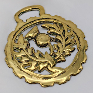 Brass Horse Medallion Vintage English Scottish Thistle Flower Pierce Show Parade