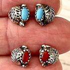 Navajo Turquoise Leaf Stud Lot Earrings 2 Pair Coral Sterling Silver 925 Post