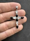 3.4g VTG Sterling Silver 925 Onyx & Mother Of Pearl Cross Pendant Jewelry lot C