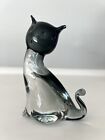 Vintage Murano Style Oball Art Glass Cat Figurine Gray Smoke Clear Glass 4.5”