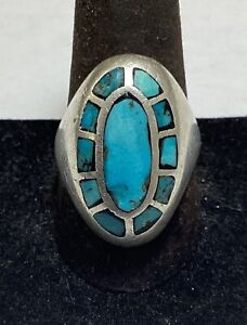 Vtg Old Pawn Sterling Silver Turquoise Inlay Ring Size 10.5 (18.3g)