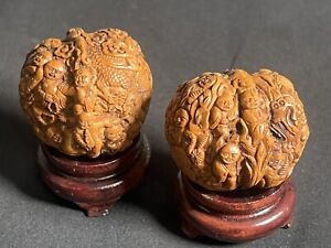 ATQ Chinese Finely Carved Walnut Shell Dragon Monks Buddha Hediao W Stands Lot 2