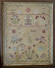Antique Wool Embroidery Sampler Tapestry in Frame Birds Flowers Hearts Home 1847