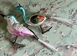 Vintage Mercury Glass Peacock Bird Christmas Ornament - AS IS - Clip On Broken