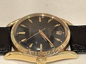 50's 60's Mens 18K Gold Rolex Black Dial Watch with Buckle.  Free Shipping.